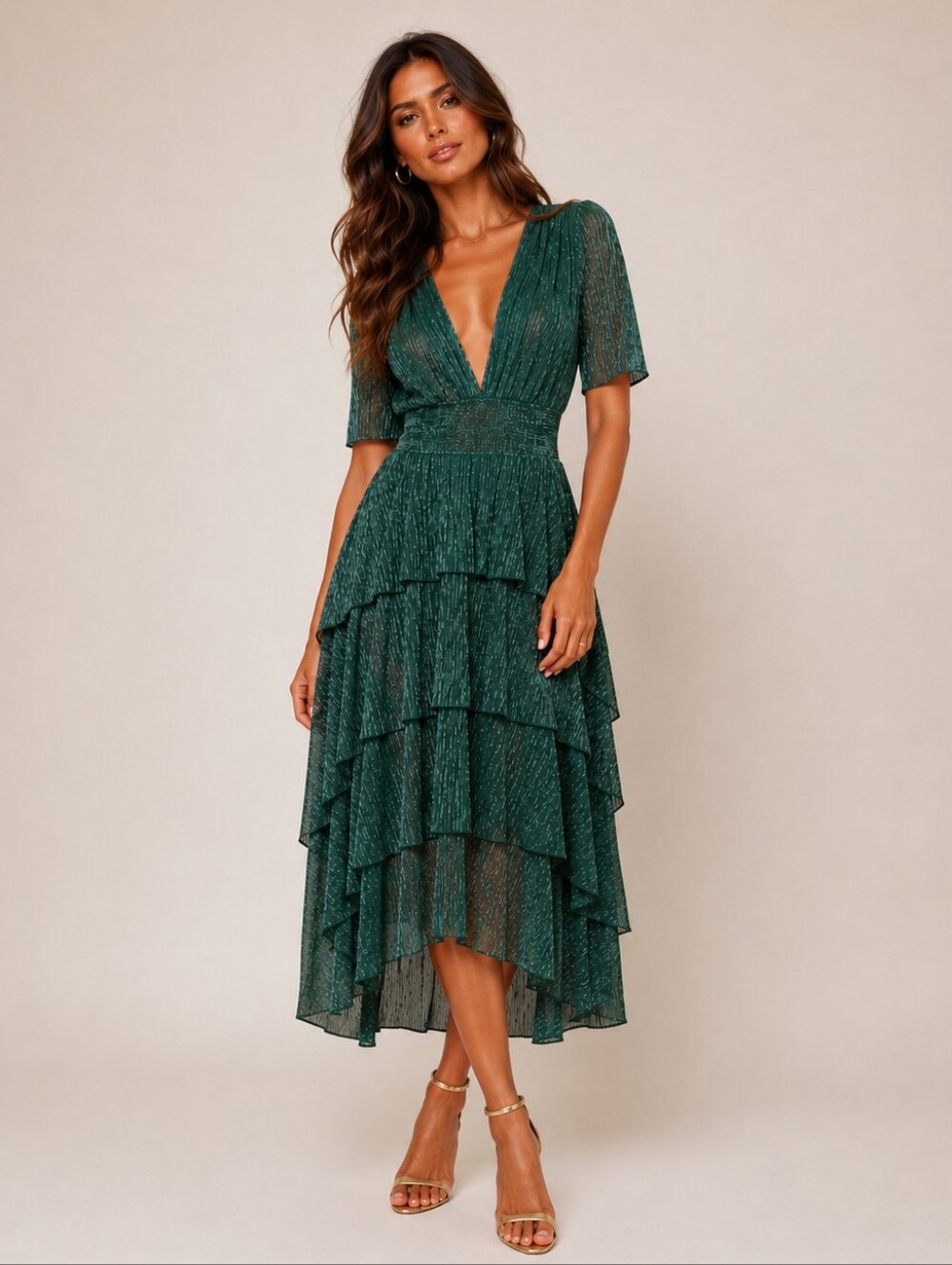 Maje Ruffine Smocked Waist Metallic Tiered Midi Dress Size 36/US S